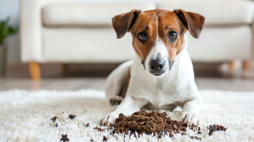 dog sitting near a mess on a carpet