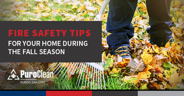 raking leaves with title: fall fire safety tips