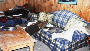 room with water-logged sofa after a flood