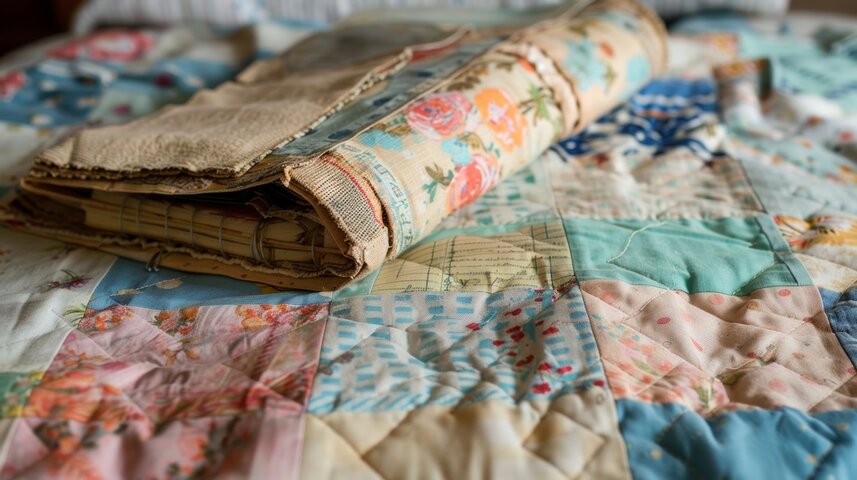 Two heirlooms saved after a basement flood: a patchwork quilt that consists of sewn bright patterns with a book on top