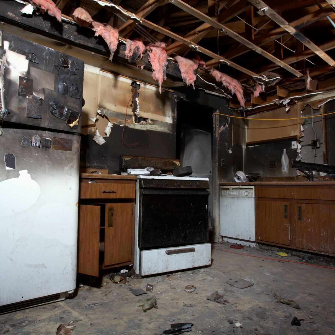 kitchen in a house after a fire