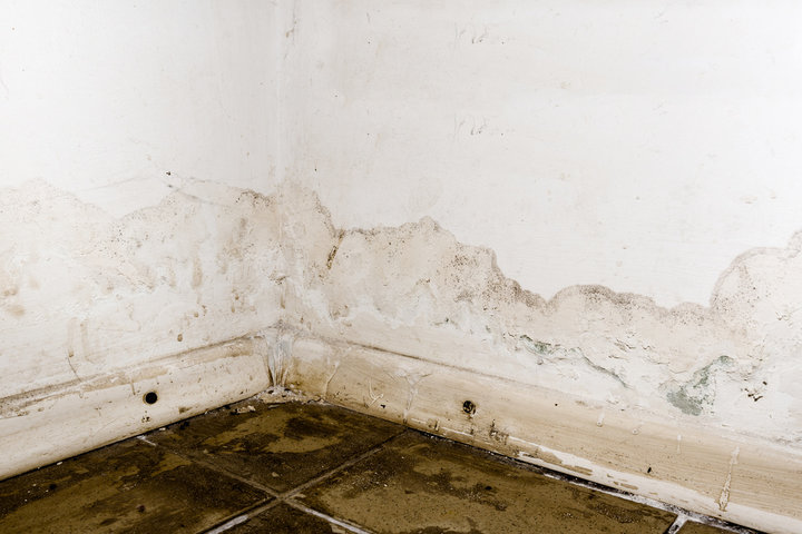 Water-damaged drywall from flooding.