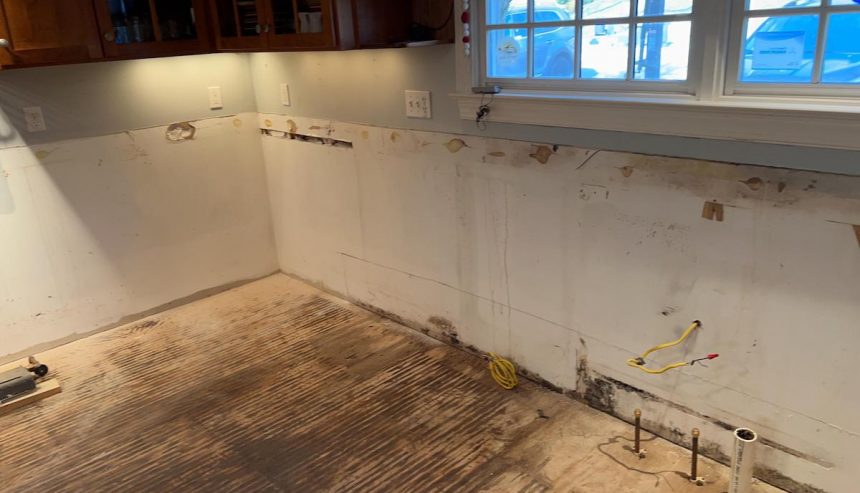 Kitchen cabinetry has been removed for a kitchen restoration.