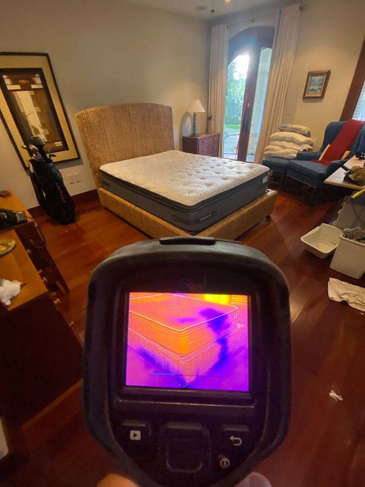 We use our infrared cameras to find any lasting damage of flooding in a bedroom