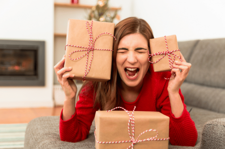 stressed woman with holiday packages