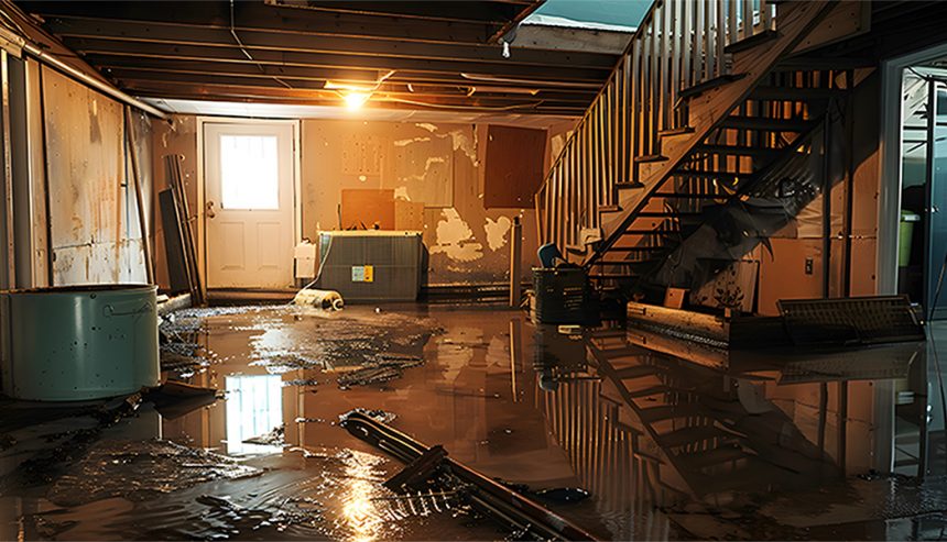 flooded basement ready for sewage clean up