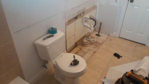 A bathroom with mold growth beneath the tiles.