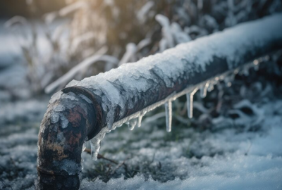 Frozen pipe above the ground in the winter time, surrounded by frozen and snow covered grass.