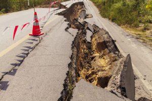 Cracked road as a result of earthquake damage.