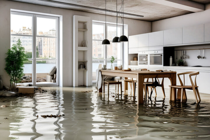 A flooded dining room that might not be covered by homeowners insurance.