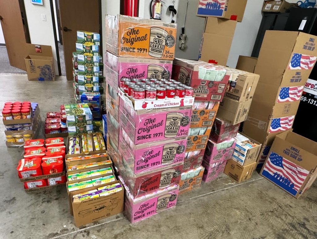 Donations in our warehouse, from ramen noodles to canned green beans.