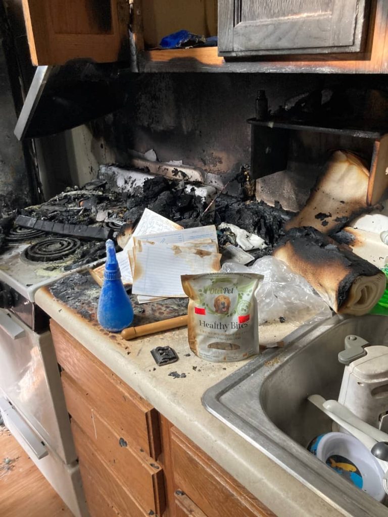 Home business fire damage in kitchen