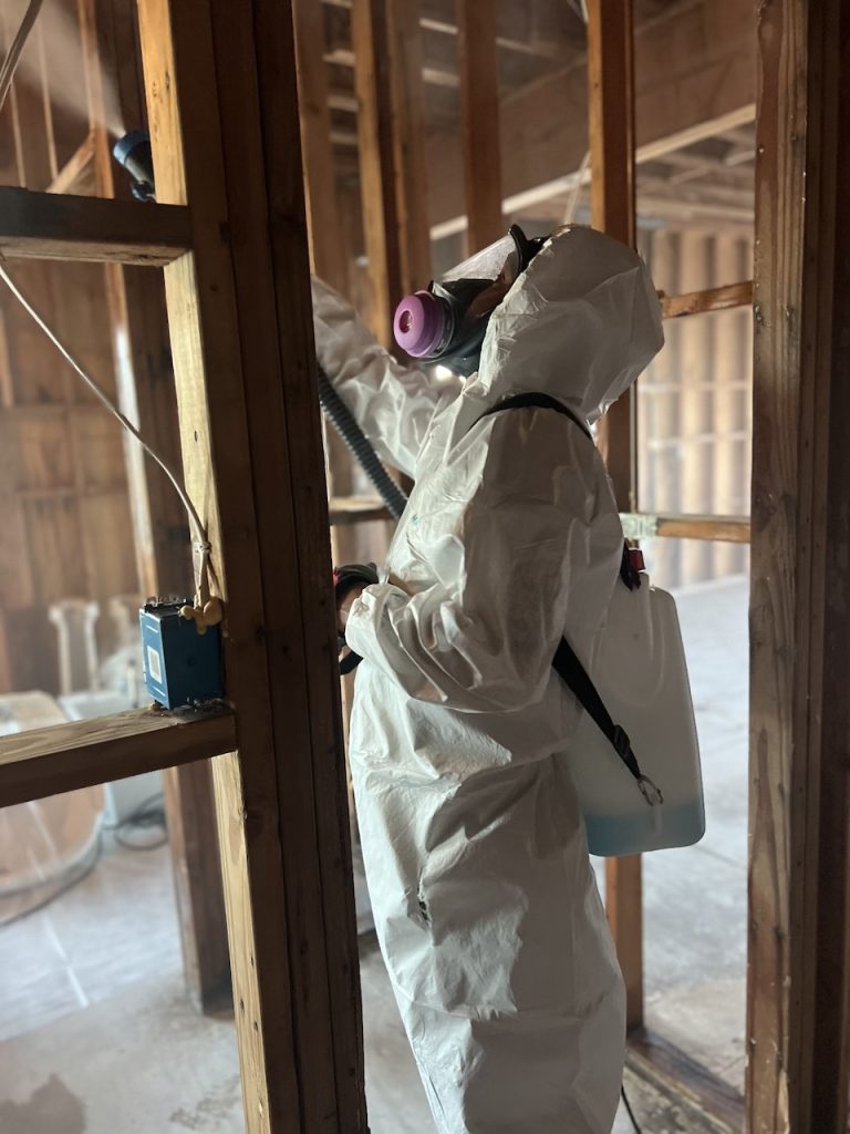 Our technician using an anti-microbial sprayer.