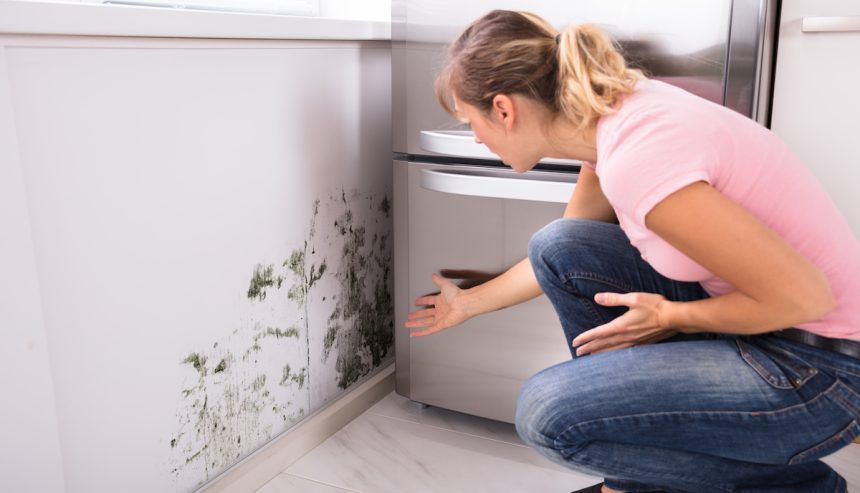 A woman experiencing mold problems in her kitchen