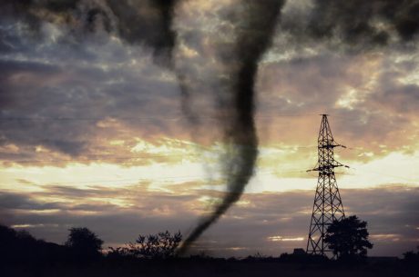 A deadly tornado near an electrical tower.